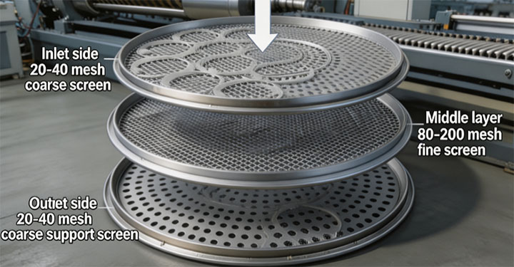 Three-layer progressive screen pack arrangement showing coarse inlet mesh, fine middle mesh, and coarse supporting outlet mesh.