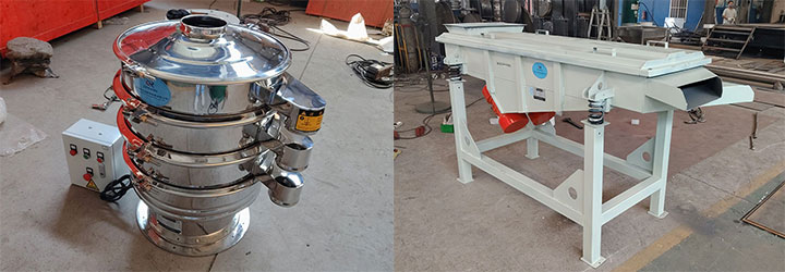 Dahan Machinery stainless steel rotary vibrating sieve and industrial linear vibrating screen side-by-side in modern workshop