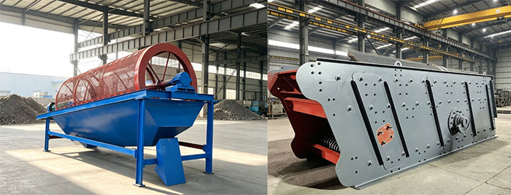 Side-by-side comparison of a trommel or shaker screen for topsoil processing in an industrial factory, featuring a blue rotary drum on the left and a grey multi-deck vibrating screen on the right.