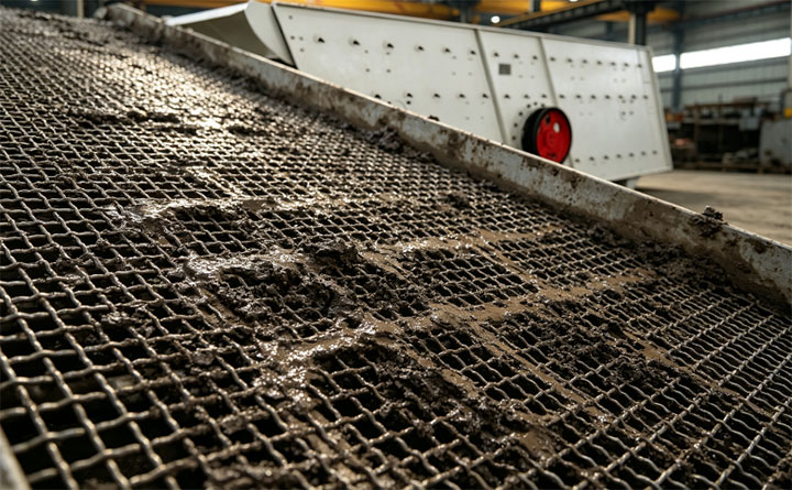 Close-up of wet topsoil and sticky clay blinding the wire mesh of a shaker screen, showing severe pegging and clogged apertures in an industrial setting.