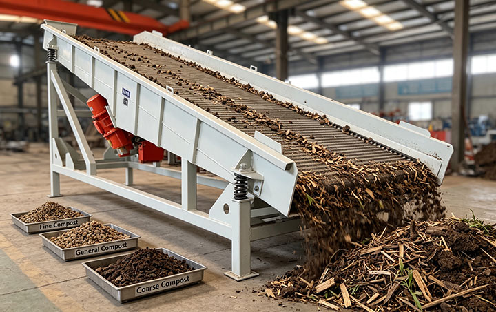 An industrial composting vibrating screen is in operation; the trays below display fine, standard, and coarse compost sorted according to screen size, illustrating the importance of selecting the appropriate mesh aperture based on the requirements for the finished product.