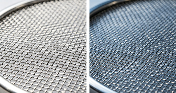 Side-by-side comparison of 304 and 316 stainless steel vibrating screen mesh, illustrating the material selection for general applications versus demanding corrosive environments.