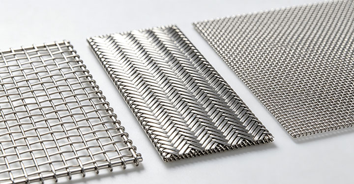 Comparison of three stainless steel screen mesh weave types for vibrating screens: plain weave, twill weave, and Dutch weave, showing differences in wire structure and aperture.