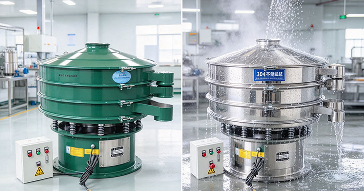 Dry carbon steel vibrating screen vs water-sprayed stainless steel vibrating screen for moisture-related material selection.