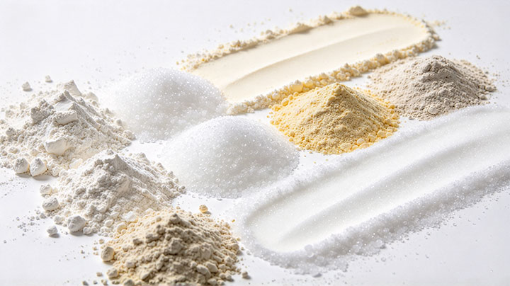 Various industrial powders for tumbler screening, including flour, sugar, starch, and mineral powders.