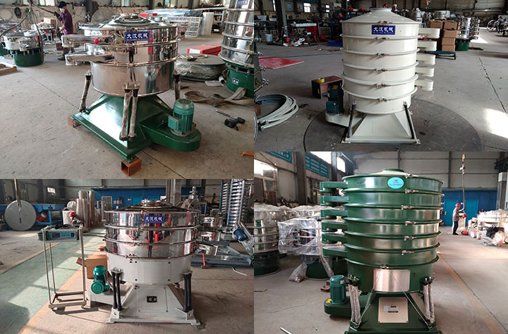 Collage of different tumbler screening machine configurations for powder selection.