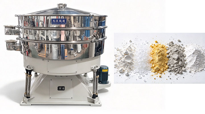 Tumbler screening machine alongside different industrial powders for screening examples.