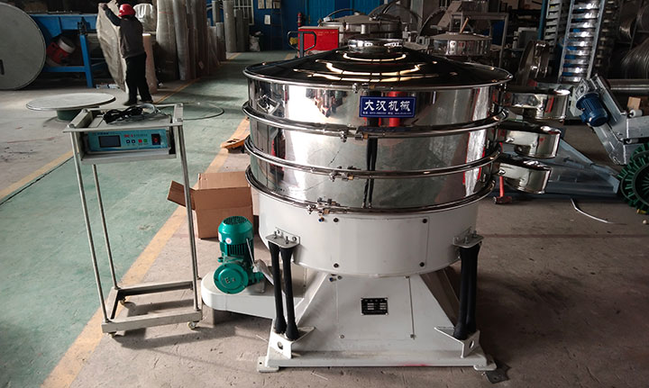Stainless steel tumbler screening machine with control cabinet for fine powder cleaning.
