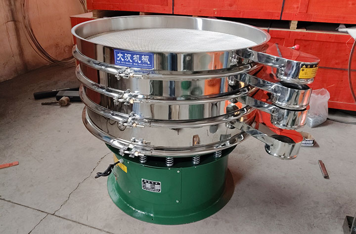 Stainless steel vibro sifter with exposed mesh screen for powdered sugar selection.