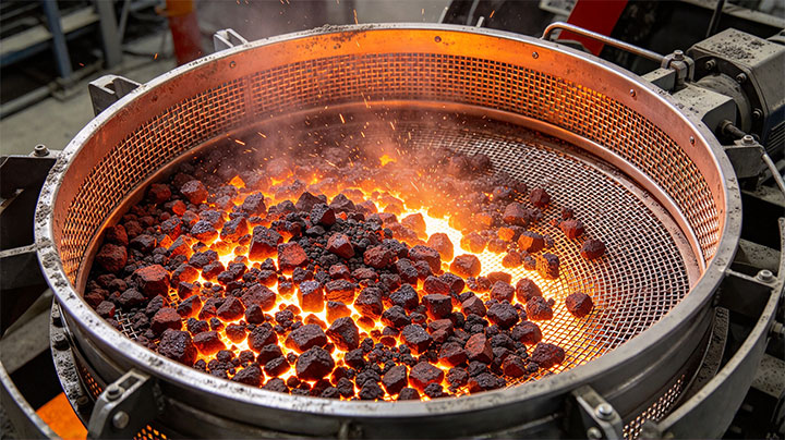 Hot abrasive granules being screened on a circular stainless steel vibrating screen.