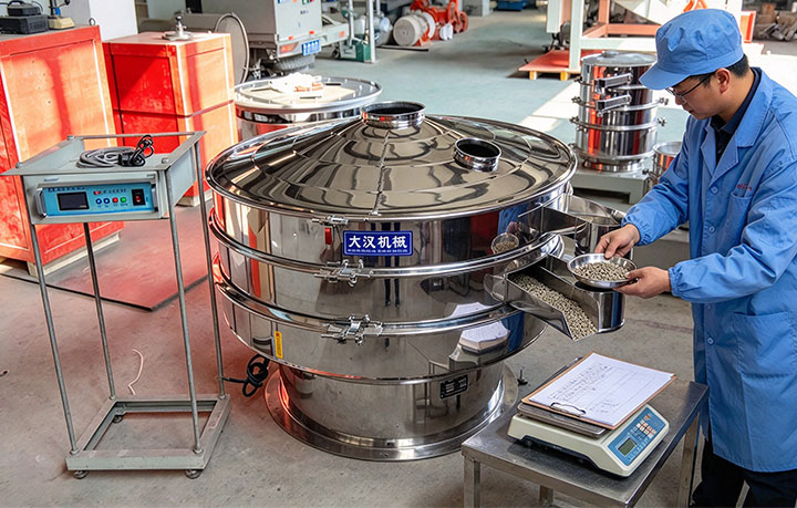 Engineer sampling material from a vibrating screen for weighing and testing.
